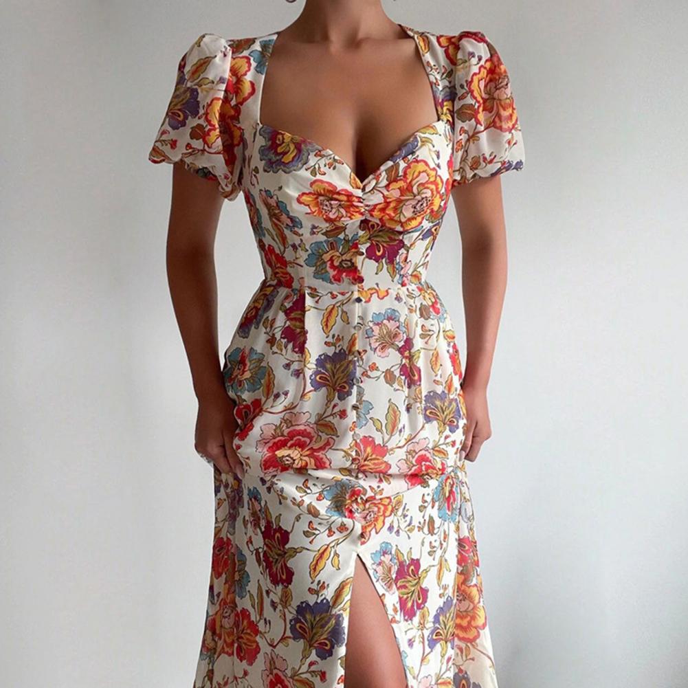 Vestido floral do vintage verão gola quadrada