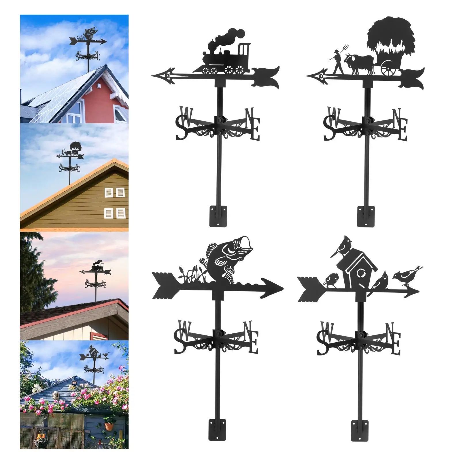 Iron Weather Vane Roof Mount Measuring Tools Farm Scene Wind Direction Indicator for Backyard Garden Farm Decor Ornaments