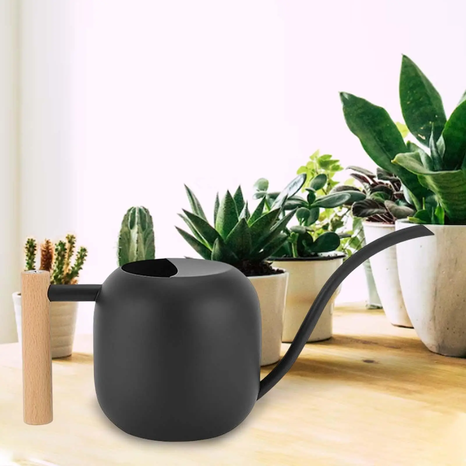 Watering Can with Long Mouth Wooden Handle 1.2L Watering Pot Watering Flower Kettle for Home Bonsai Outdoor Patio Decor