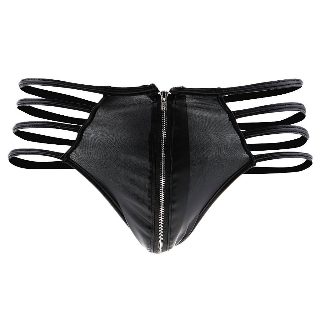 Black PU Leather Pouch Thong Front Zip T Back Underwear Briefs for Men