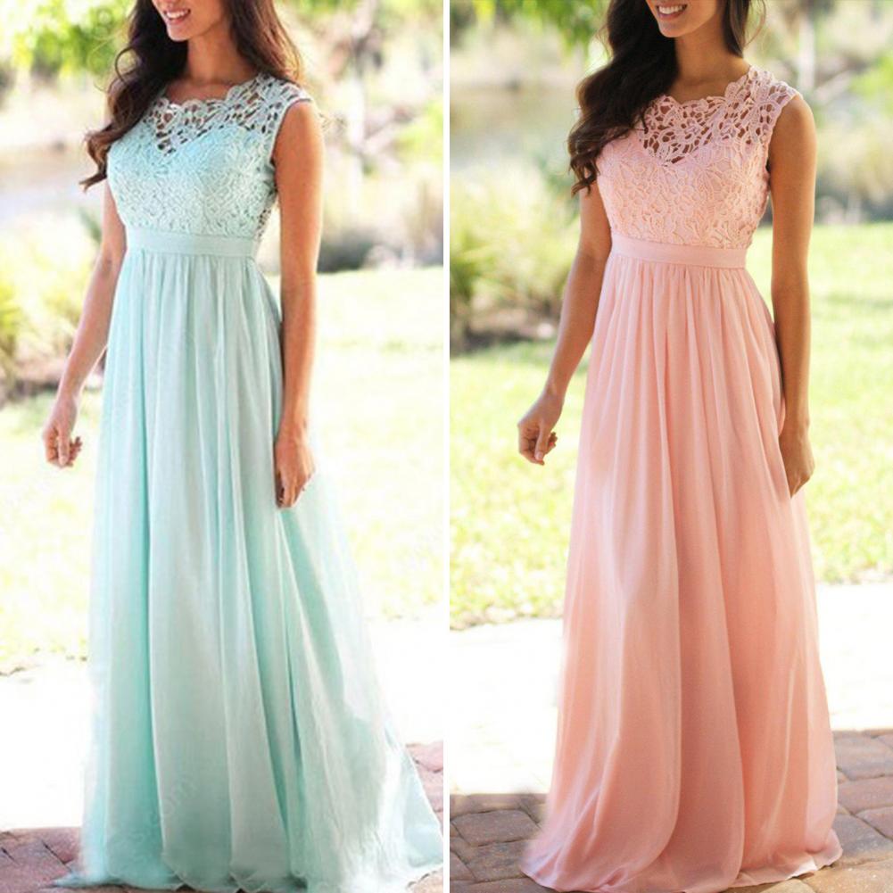 Sem Mangas, Chiffon Drapinado, Crochet Elegante, Vestido Maxi, Festa de Casamento