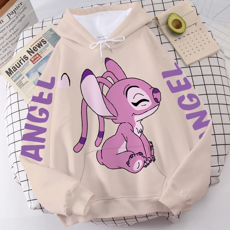 Disney Hoodie Fashion Stitch Angel Monster Letter Cartoon Sweatshirt Pullover Cute Harajuku Unisex Women's Pocket Top
