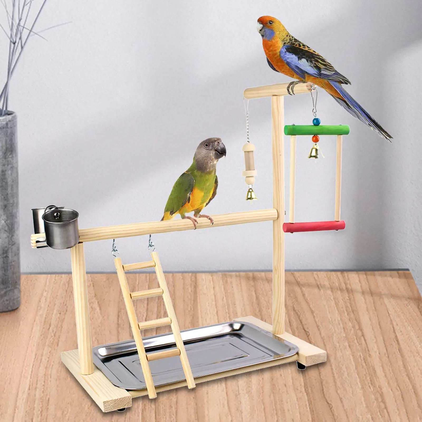 Toys Bird Perch Stand Platform Bird Playground with Feeder Cups Perch Gym