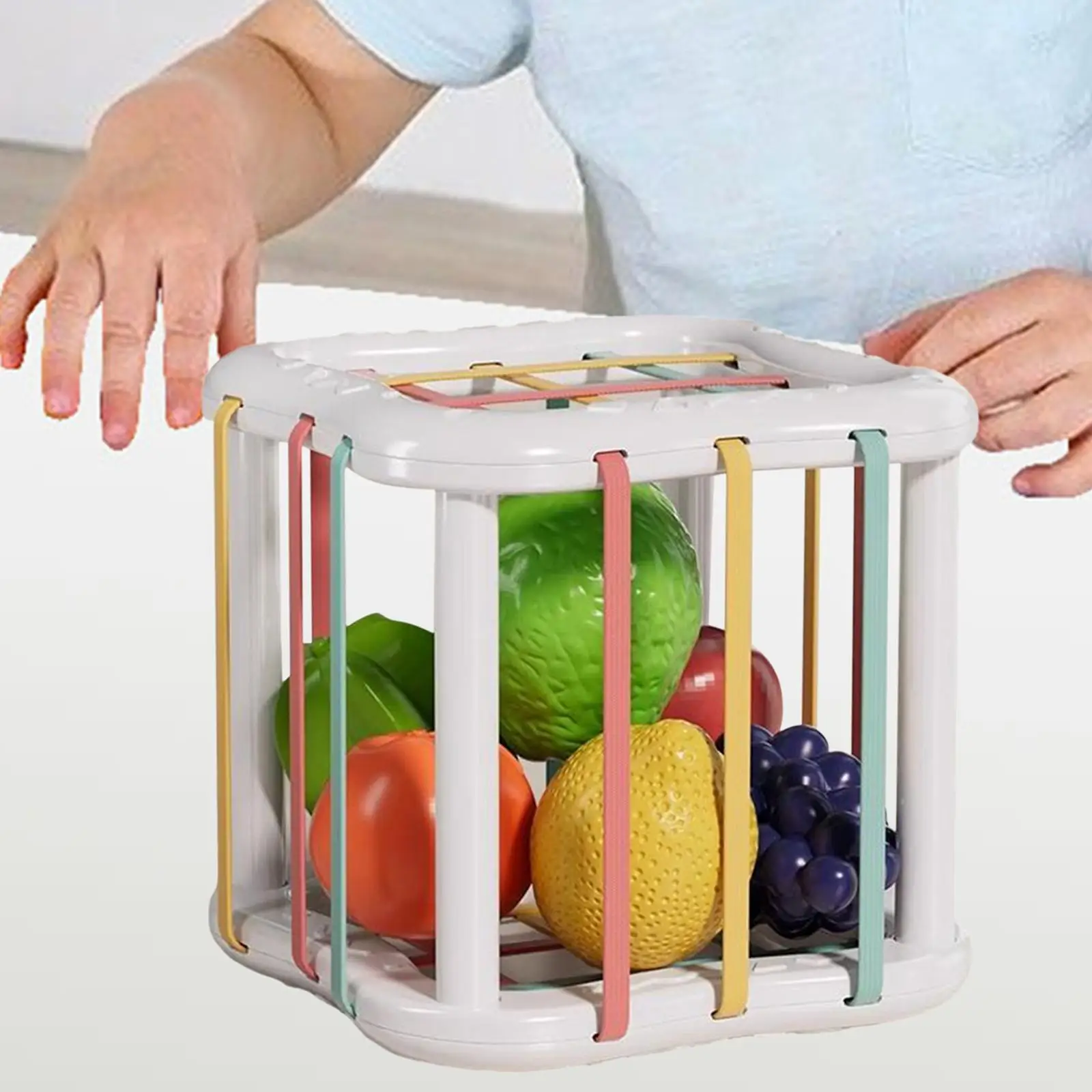 Sensory Bin with Elastic Rope and 6 Fruits Balls Motor Skills Baby Shape Sorter for Kids Children Age 1 2 3 Holiday Gifts