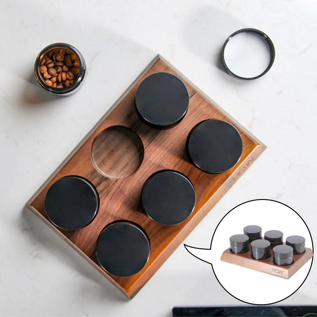 6pcs Coffee Bean Canister Nut Countertop Storage Glass Jar w/ Wood Holder