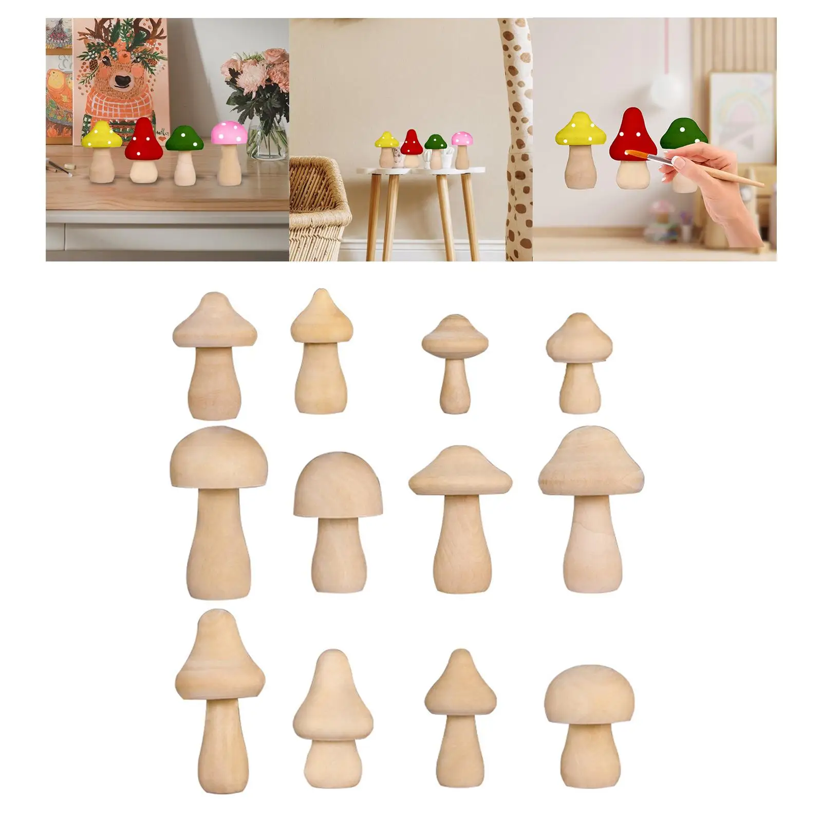 12 Pieces Unfinished Wooden Mushroom Children`s DIY Painted Toys for Arts