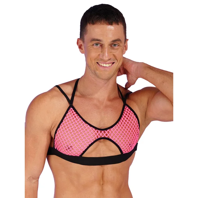 Mens Fishnet Hollow Out Crop Tops Spaghetti Straps Sport Bra Bralette  Muscle Top