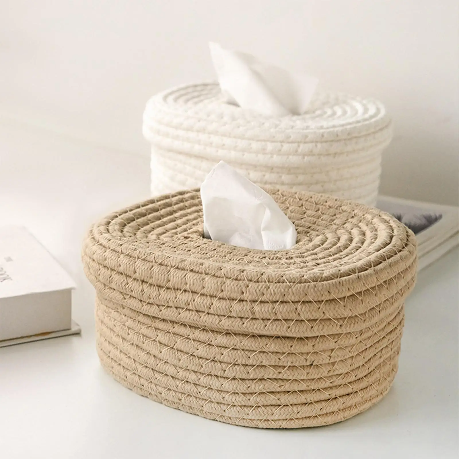 Oval  Rope Woven Napkin Tissues Holder Organizer for Dressing Table Party Picnic Sundries x16.5x10.5cm Indoors Outdoor