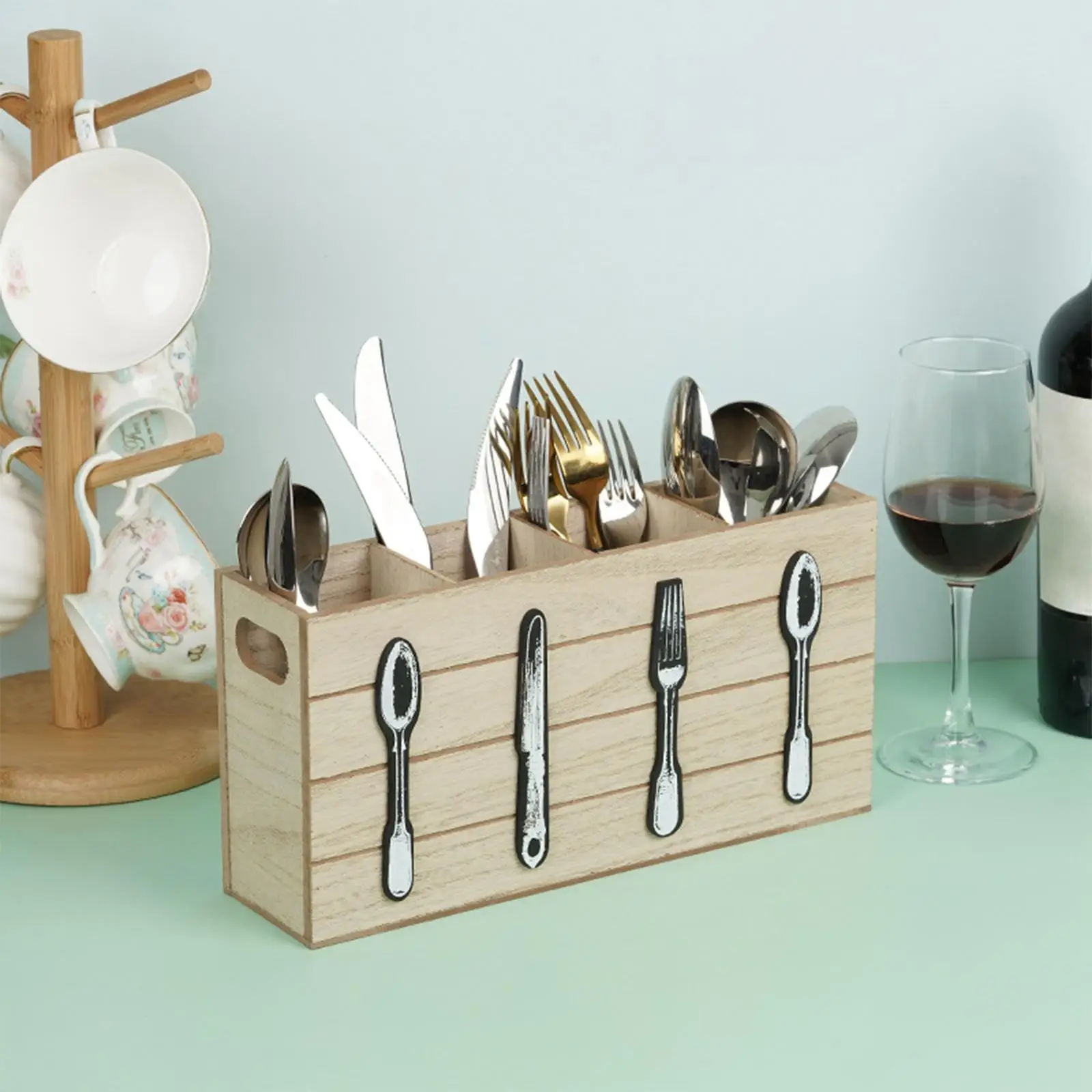 Retro Style Wooden Kitchen Cutlery Holder Multifunction Desktop Knife and Fork Storage Holder for Kitchen Decoration Daily Meals