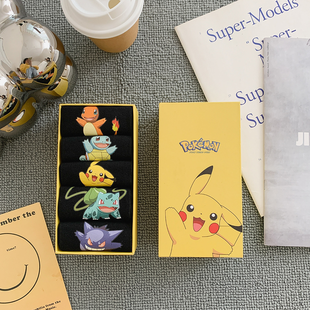 Anime Pokemon 5 Pairs Boxed Sock Gengar Charmander Squirtle Snorlax Bulbasaur Psyduck Children's Socks Kid Birthday Gifts 13 IMG_E8895
