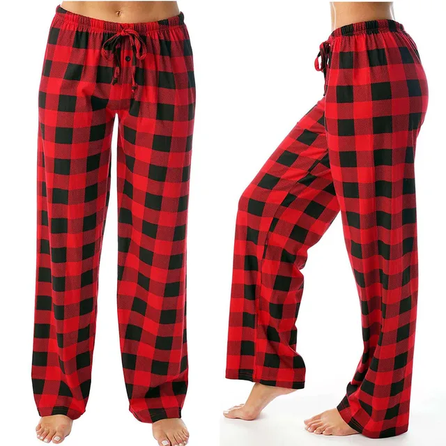 Pantalones de pijama a cuadros para mujer, ropa de dormir de algodón con  cordón y botones, color rojo y negro, para estar en casa - AliExpress