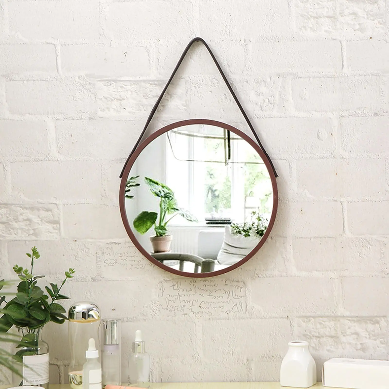 Hanging Mirror Makeup Mirror Wood Framed Ornament Art Handicraft Circle Mirror for Home Farmhouse Living Room Dresser Salon