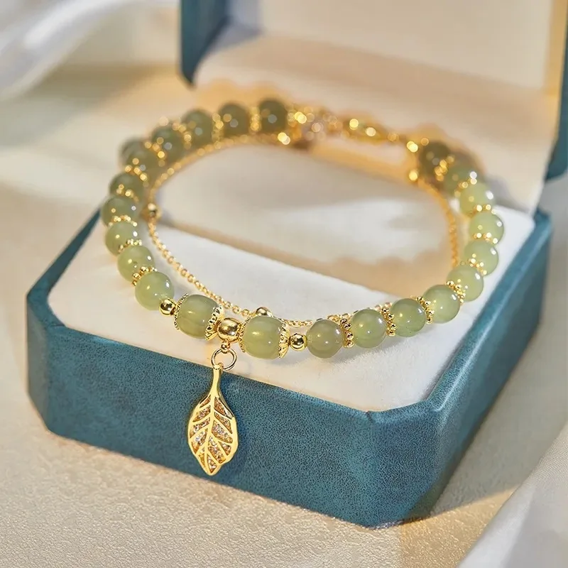 Imitation Hetian Jade Bracelet for Women Ginkgo Tulip Leaves Layered Beaded Charm Bracelets Party Casual Jewelry Gifts Pulsera