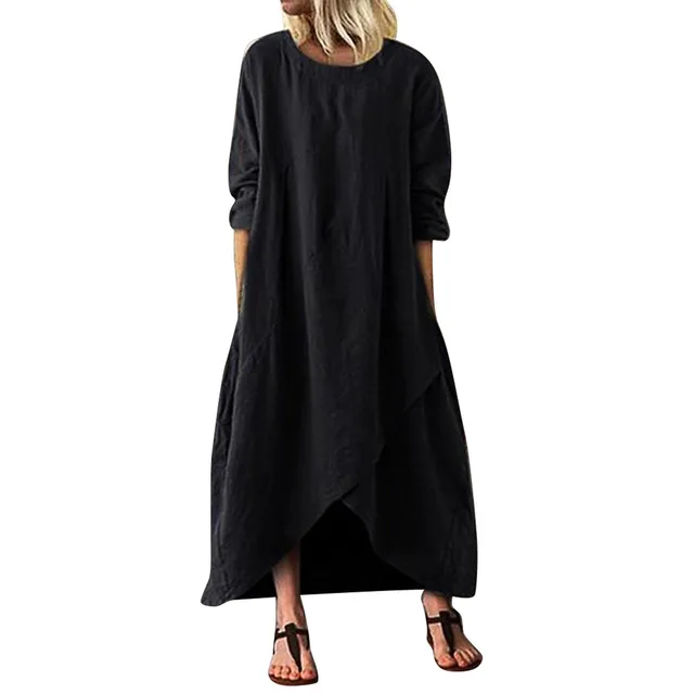 PATLOLLAV Cotton and Linen Casual Dresses for Women Loose V-Neck Long  Sleeve Drawstring Knee Length Dress Tunic Dress Black at  Women's  Clothing store