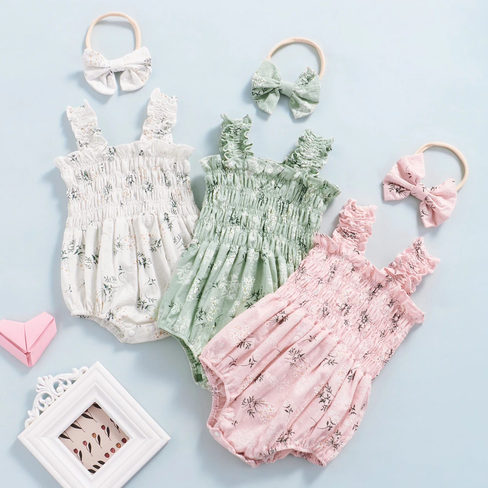 Infant Baby Girl's Sleeveless Jumpsuit Floral Print Elastic Bust Shoulder Straps Romper Bow Headband cool baby bodysuits	