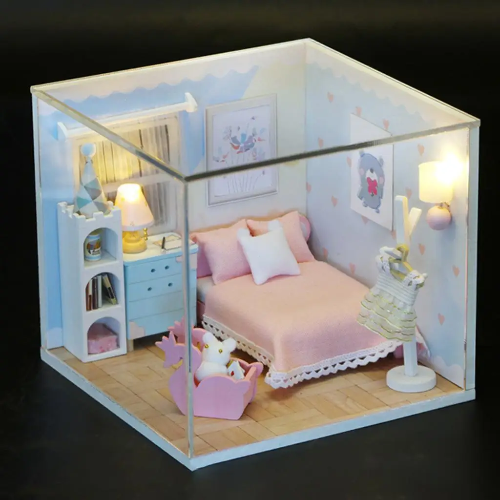 Mini DIY Wooden Dollhouse Miniature with LED Light Dollhouse Model for Kid`s