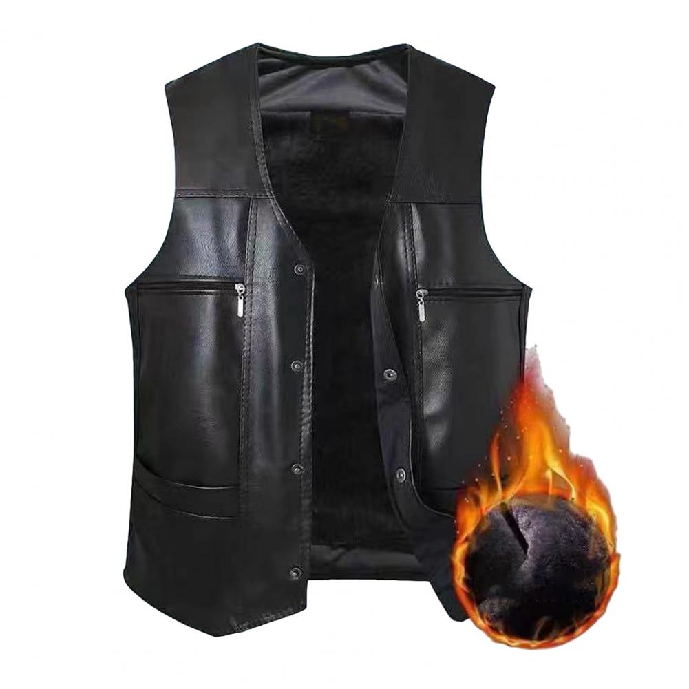 Description Picture 4 of itemMen Soft Waistcoat Men Faux Leather Vest Stylish Mid-aged Men's Faux Leather V Neck Vest with Plush Lining Multiple for Fall