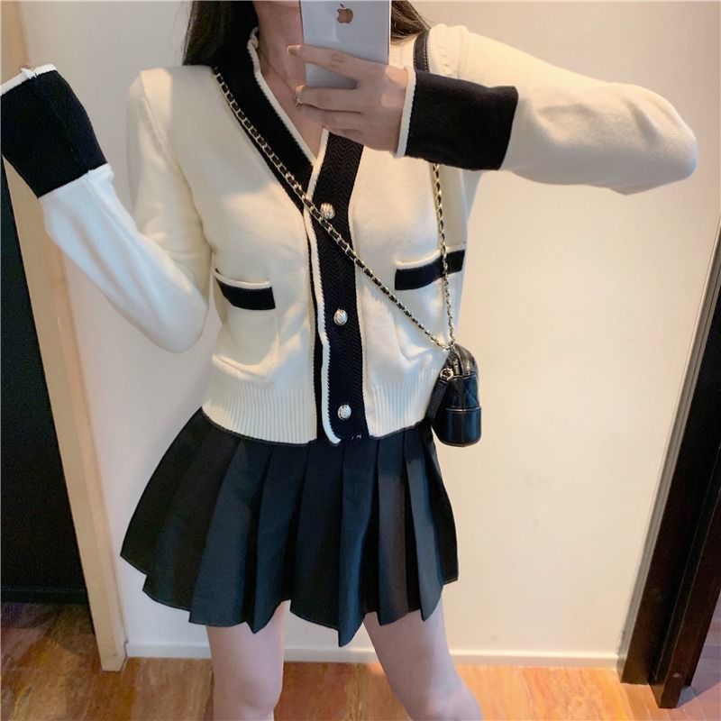 Feminino com Decote em v Cardigan + Saia Coreano Feminino Terno Saia Retro Chique 2022 Novo Elegante Curta Duas Peças Conjunto 3 Weddings & Events