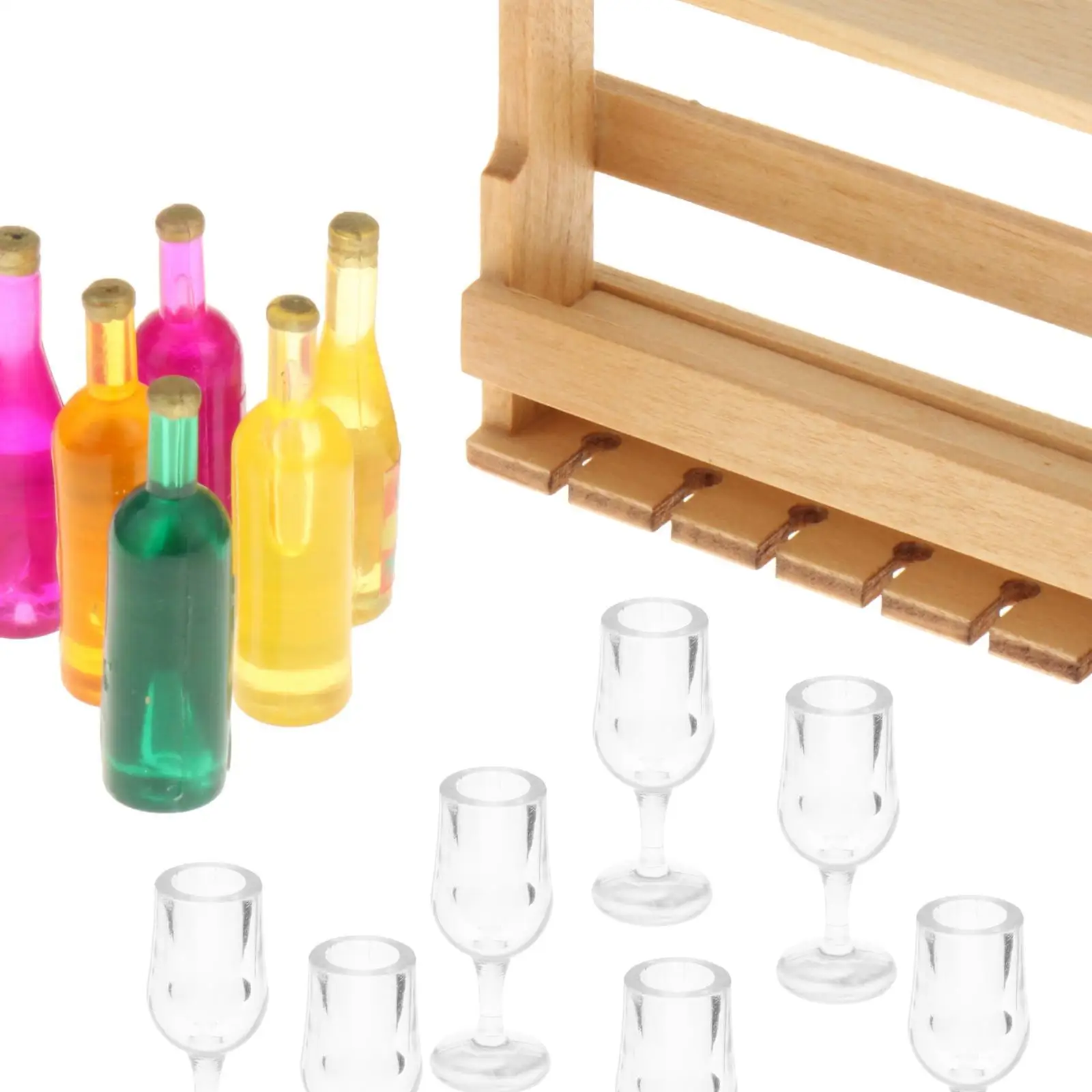 14 Pieces 1/12 Scale Miniature Wine Rack with Bottles and Glass Cup Toys Pretend