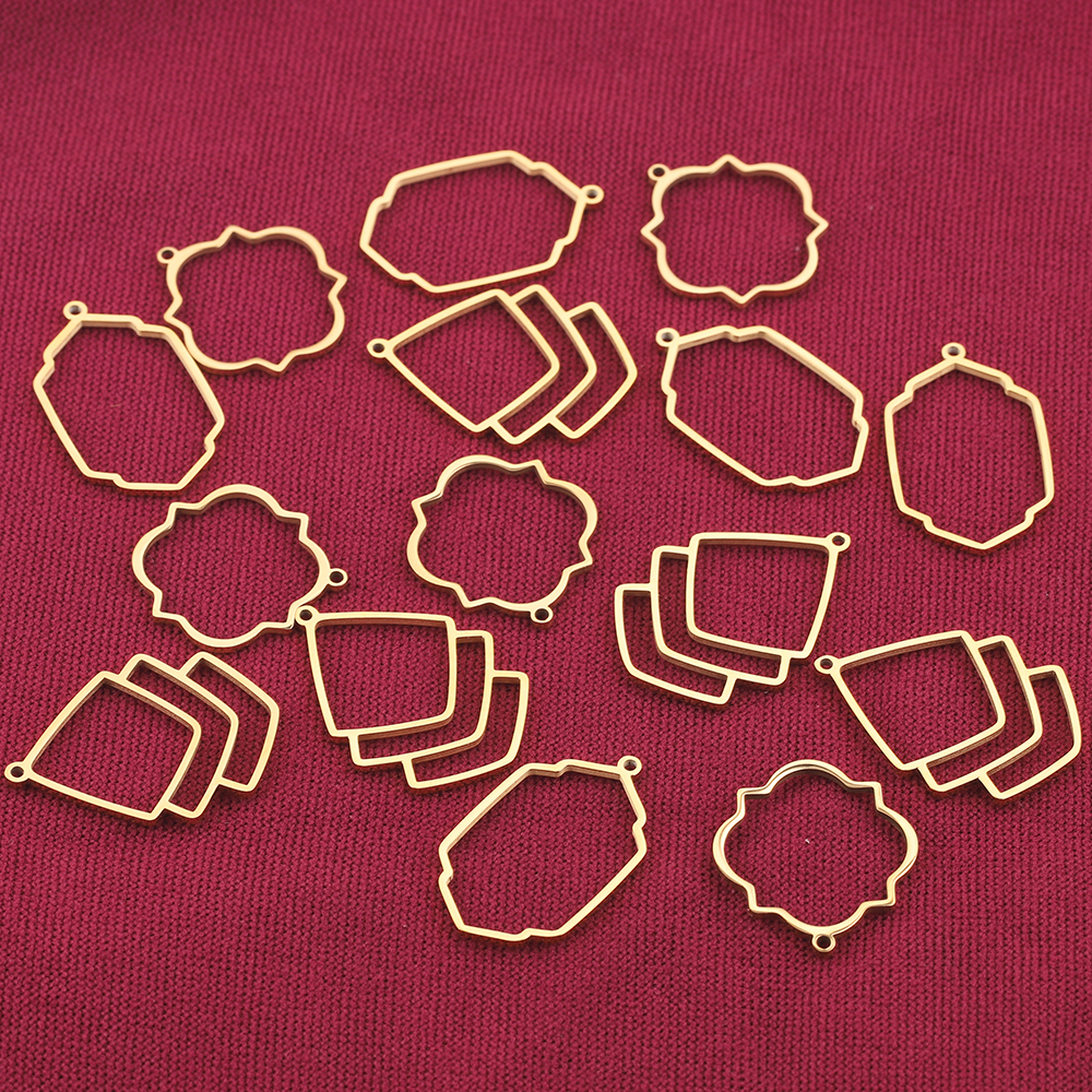 5 Stück vergoldeter Edelstahl, ausgehöhlt, fächerförmiger Charme, geometrisch, offene Lünette, Rahmen, Anhänger, Verbinder, Ohrring-Halskette – Detail 8