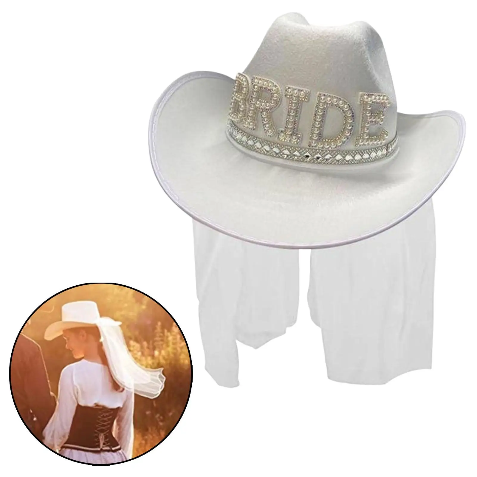 White Blinking Rhinestone Bride Veil Cowboy Cowgirl Hat for Bridal Shower