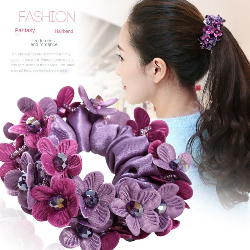 Eleganter großer Blumen-Haargummi, Perlenkristall-Haarring, Gummiband, Dutt, Stoff, elastisches Haargummi, koreanische Accessoires, Omar Nadel – Detail 1
