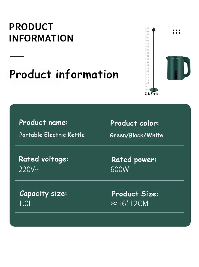 Title 15, 1.0L Mini Electric Kettle Small Capacity 304 St...