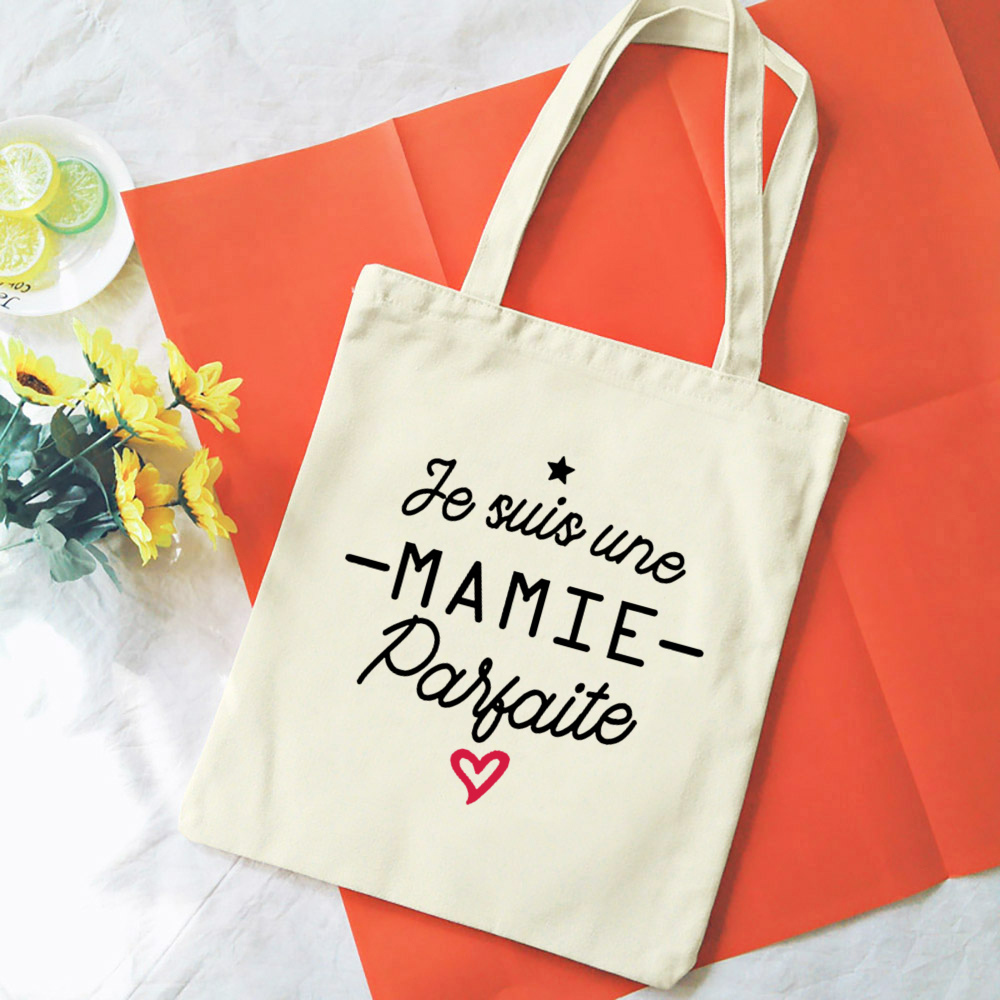 Französische Mamie-Druck-Schultertaschen aus Segeltuch, weibliche Einkaufstaschen, Damen-Reisehandtaschen, umweltfreundliche, wiederverwendbare Aufbewahrungstasche, Geschenke für Oma – Detail 11