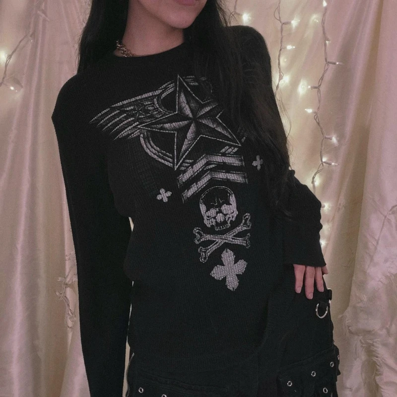 Gaono E-girl Gothic Aesthetics Tees Y2K Vintage Graphic Print Long Sleeve T Shirt Dark Academia Grunge Mall Goth Pullovers