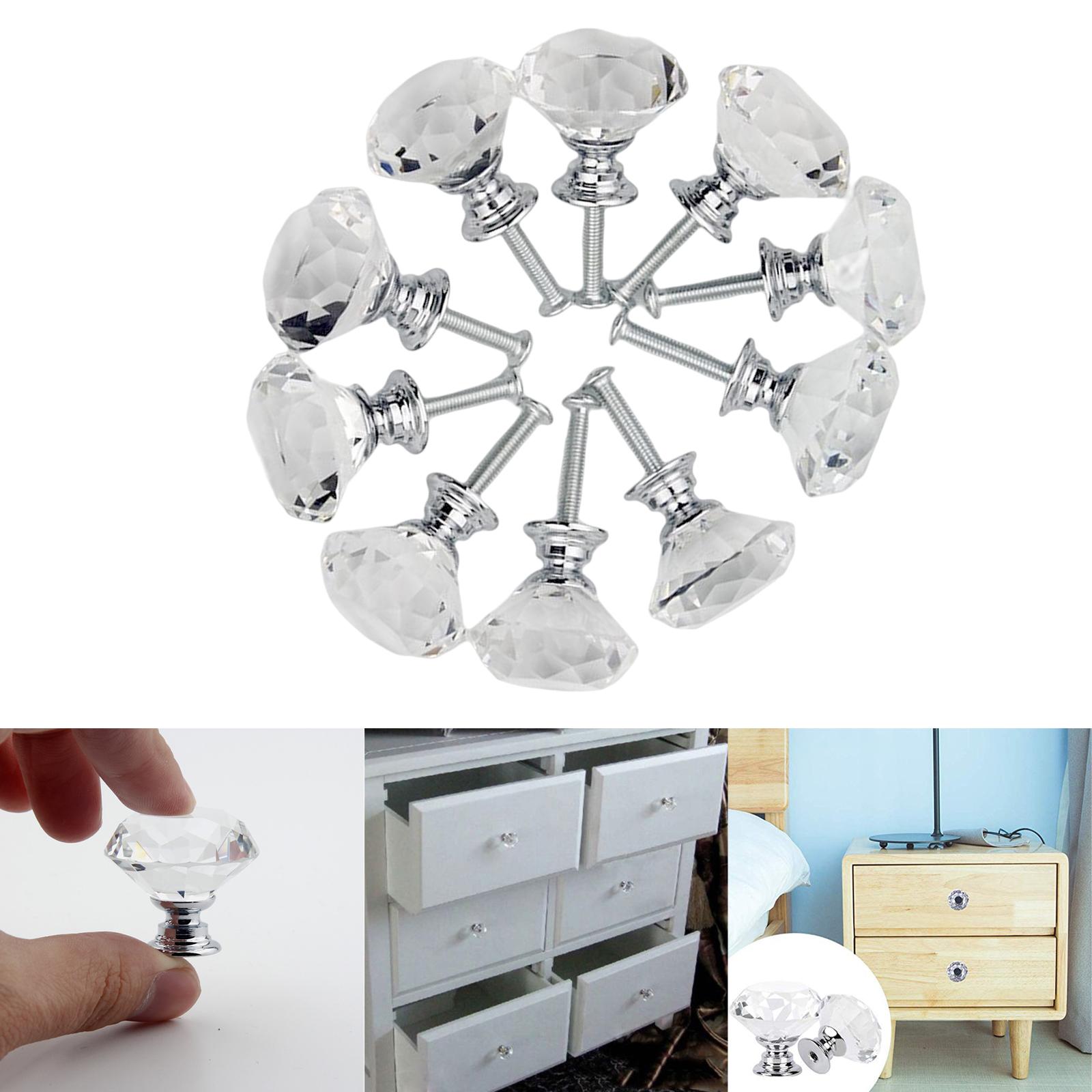 10x 30mm Crystal Glass Drawer Knobs Pulls Handles, for Home Kitchen Bathroom Easy to Install