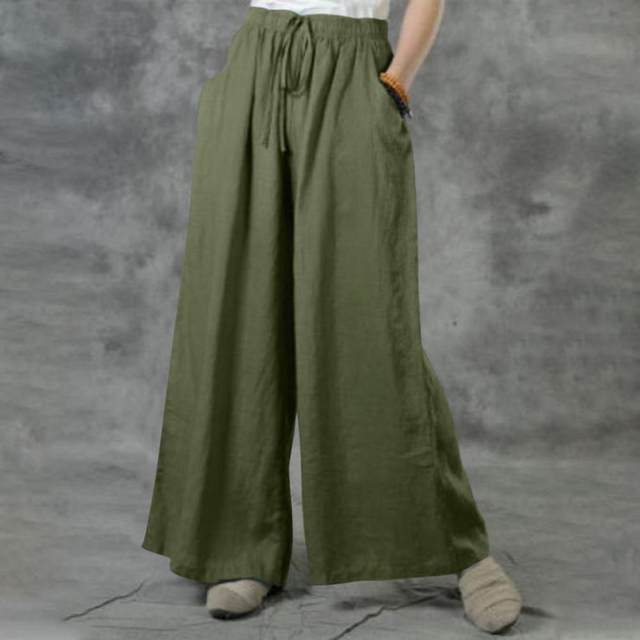 Cotton Hemp Women's Summer Light Leisure Pants Loose Fit Harem Pants  Comfortable Fabric Pants with Pocket Women Casual Beach Pants 7/8 Wide Leg  Pants (Color : Khaki, Size : L) : 