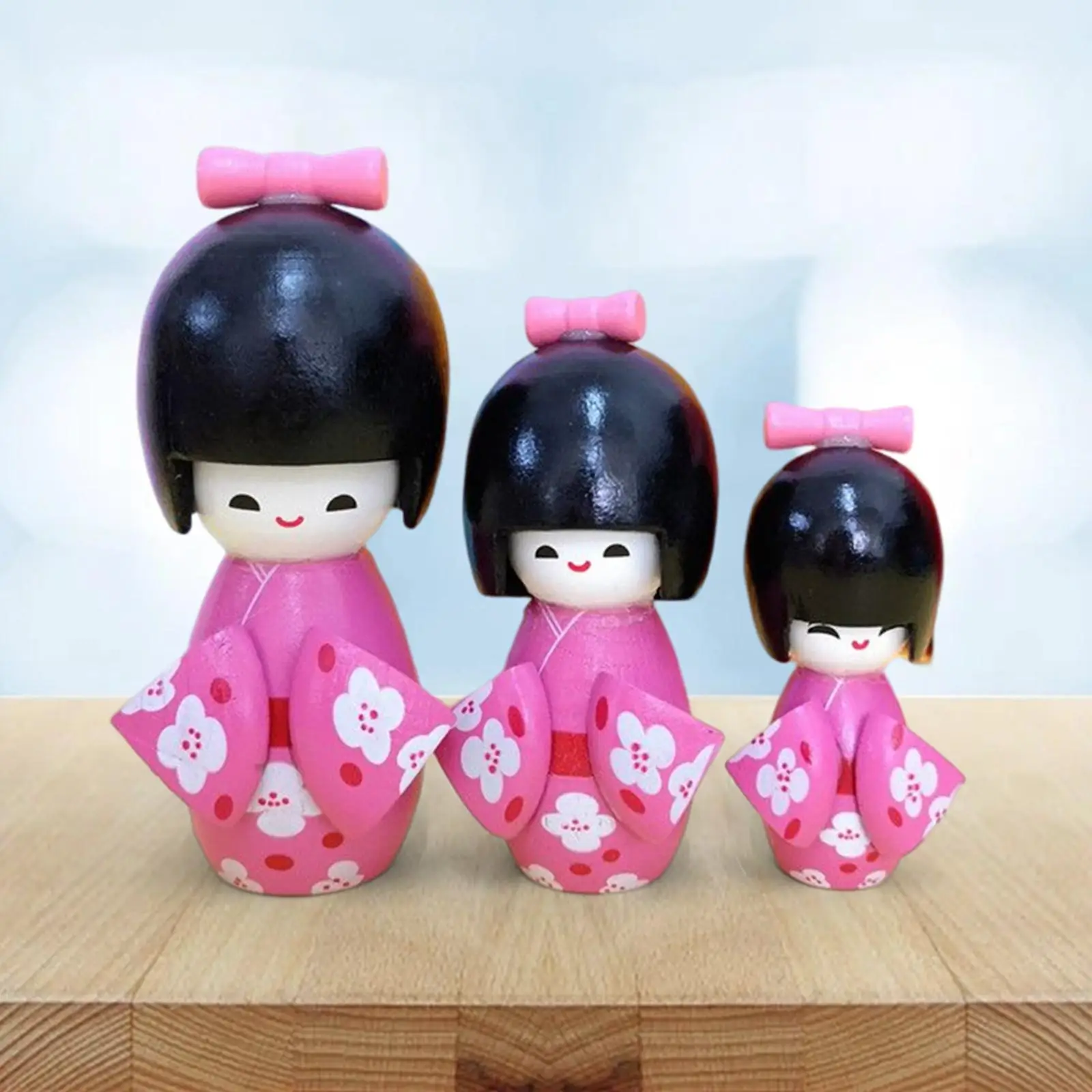 3x Wooden Japanese Doll Collectible Gift Dolls Girls Dolls Toy Doll Figurine for Ornaments Christmas Home Decoration Gifts