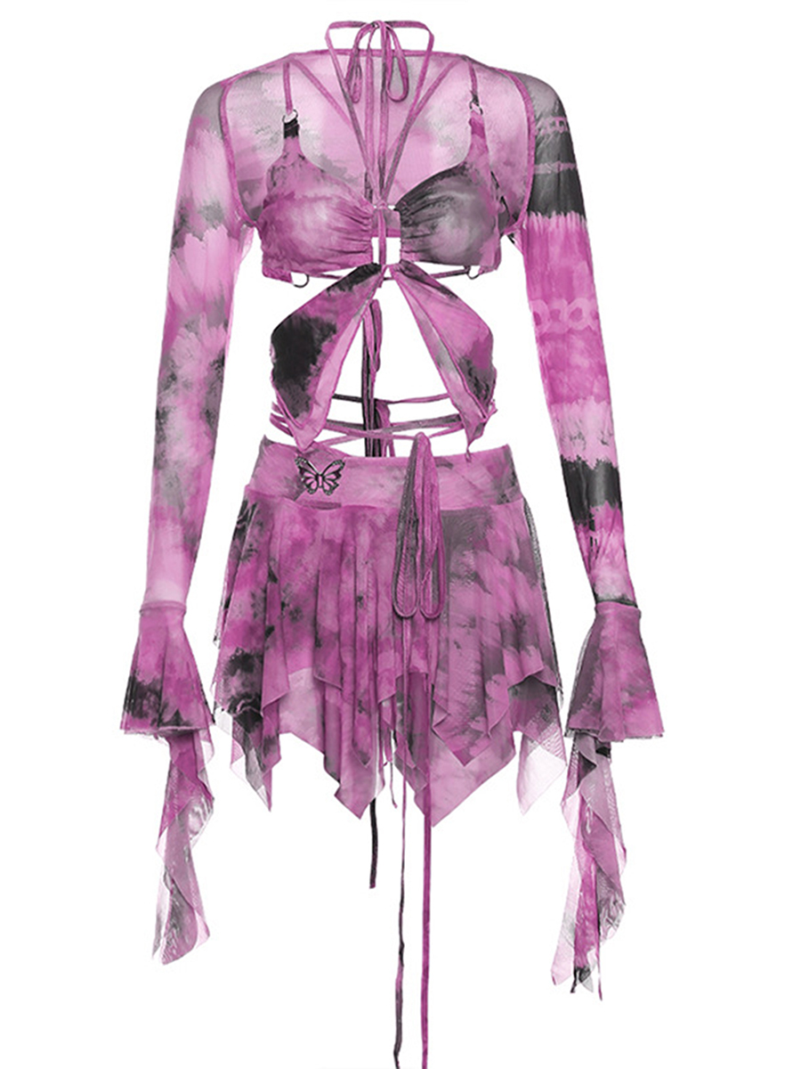 Frauen y2k 3 Stück Sommer Outfits Mode ästhetische Langarm Achsel zucken Tops Krawatte Dye Print Weste unregelmäßigen Minirock Set für Party – Detail 22