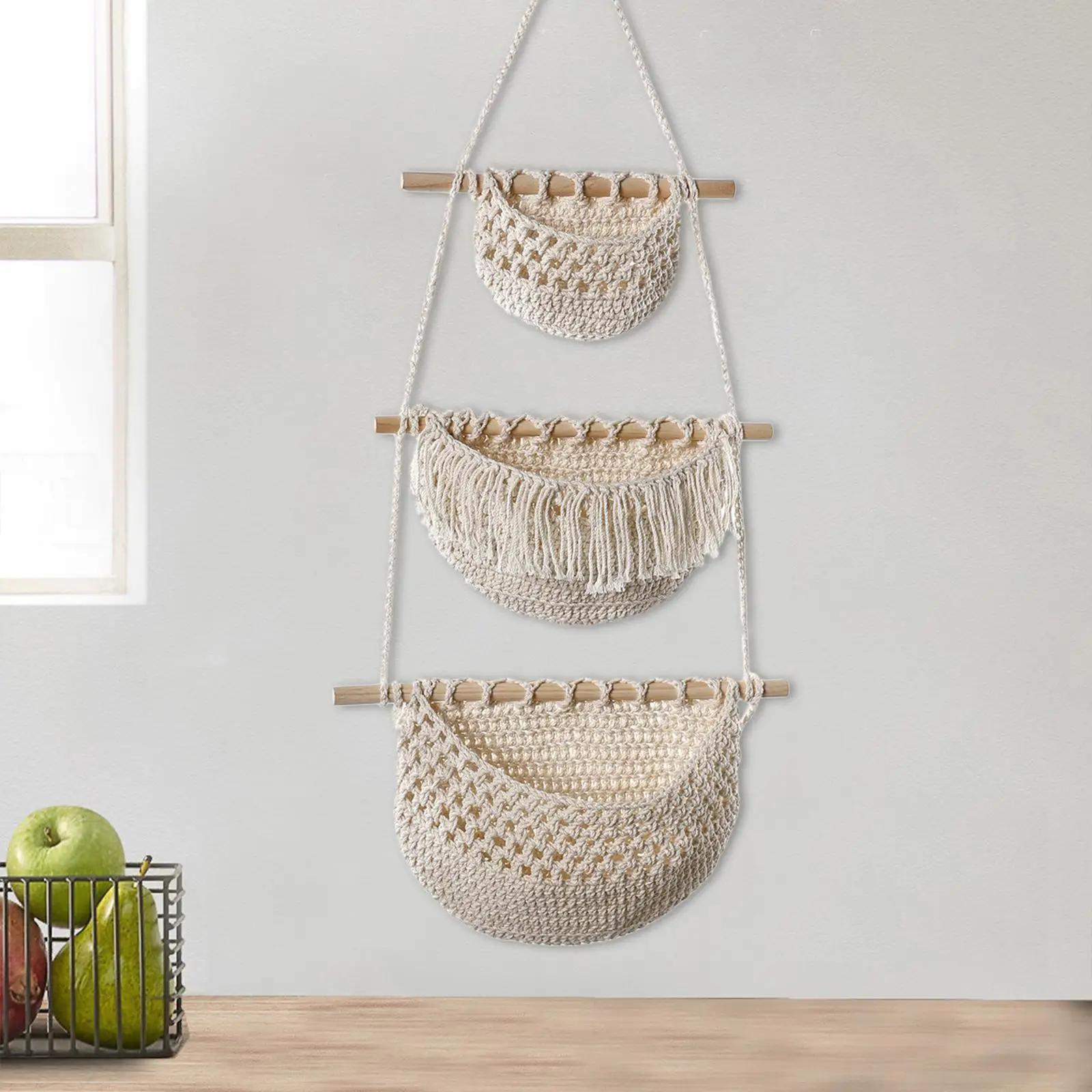 Hanging Fruit Baskets Multipurpose 3 Tiers Storage Basket Woven Wall Baskets for Organizing Potato Vegetables Onion Kitchen