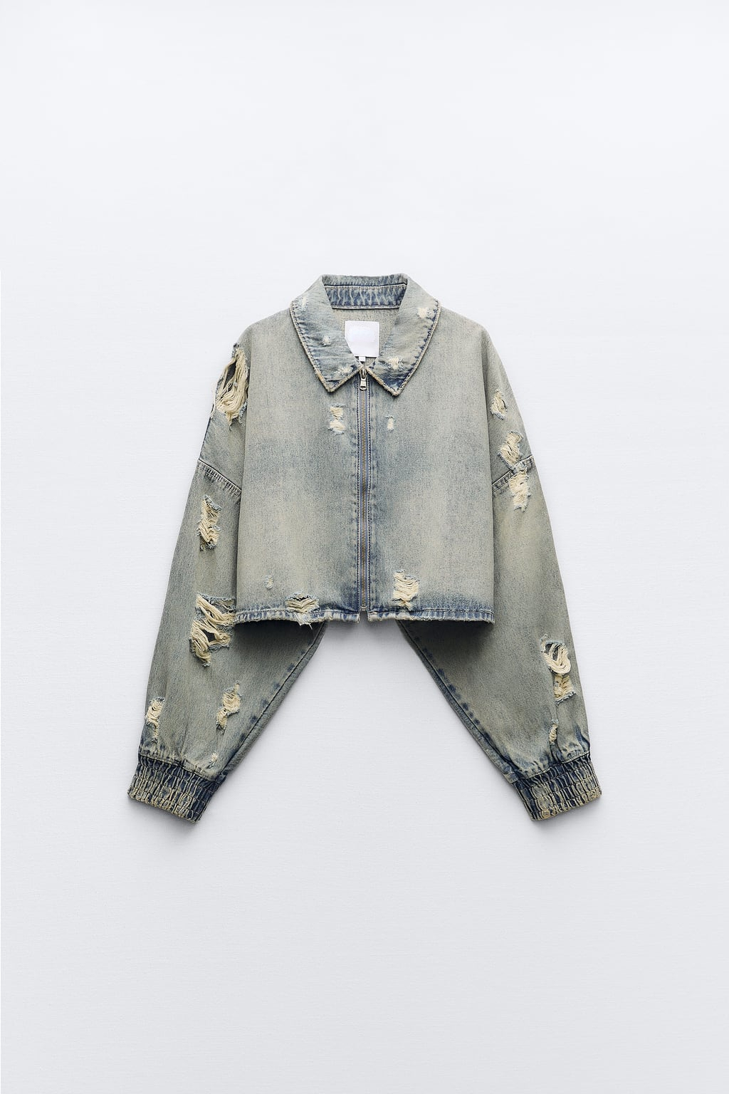 Women's Ripped Crop Denim Jacket Autumn New Lapel Long Sleeves Dropped Shoulders Washed Effect Rips Zip Cropped Jacket_voghion.com
