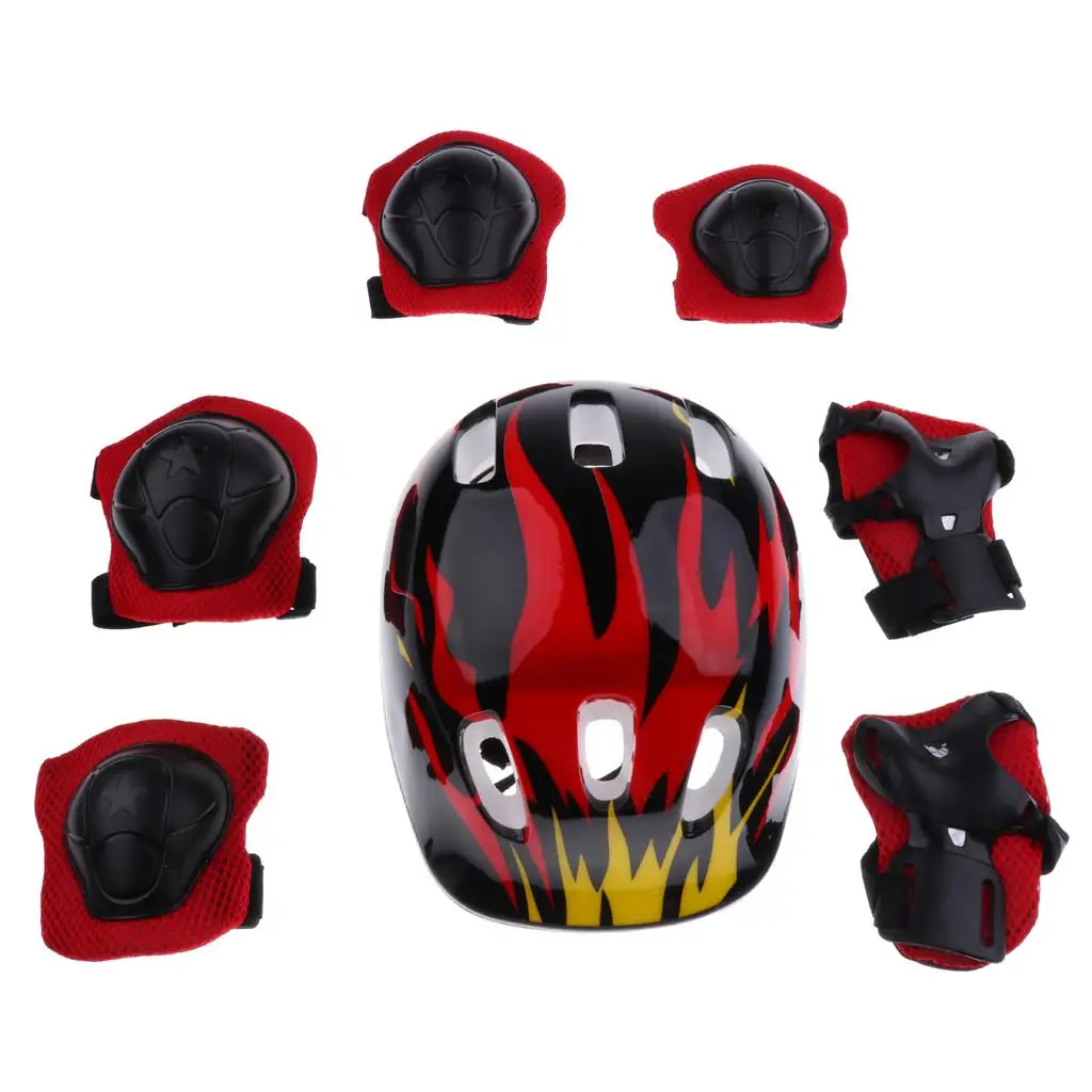 7 Pieces Kids Children Multicolored Roller Skating Scooter Bicycle Helmet Knee Elbow Wrist  Protective Gears  M