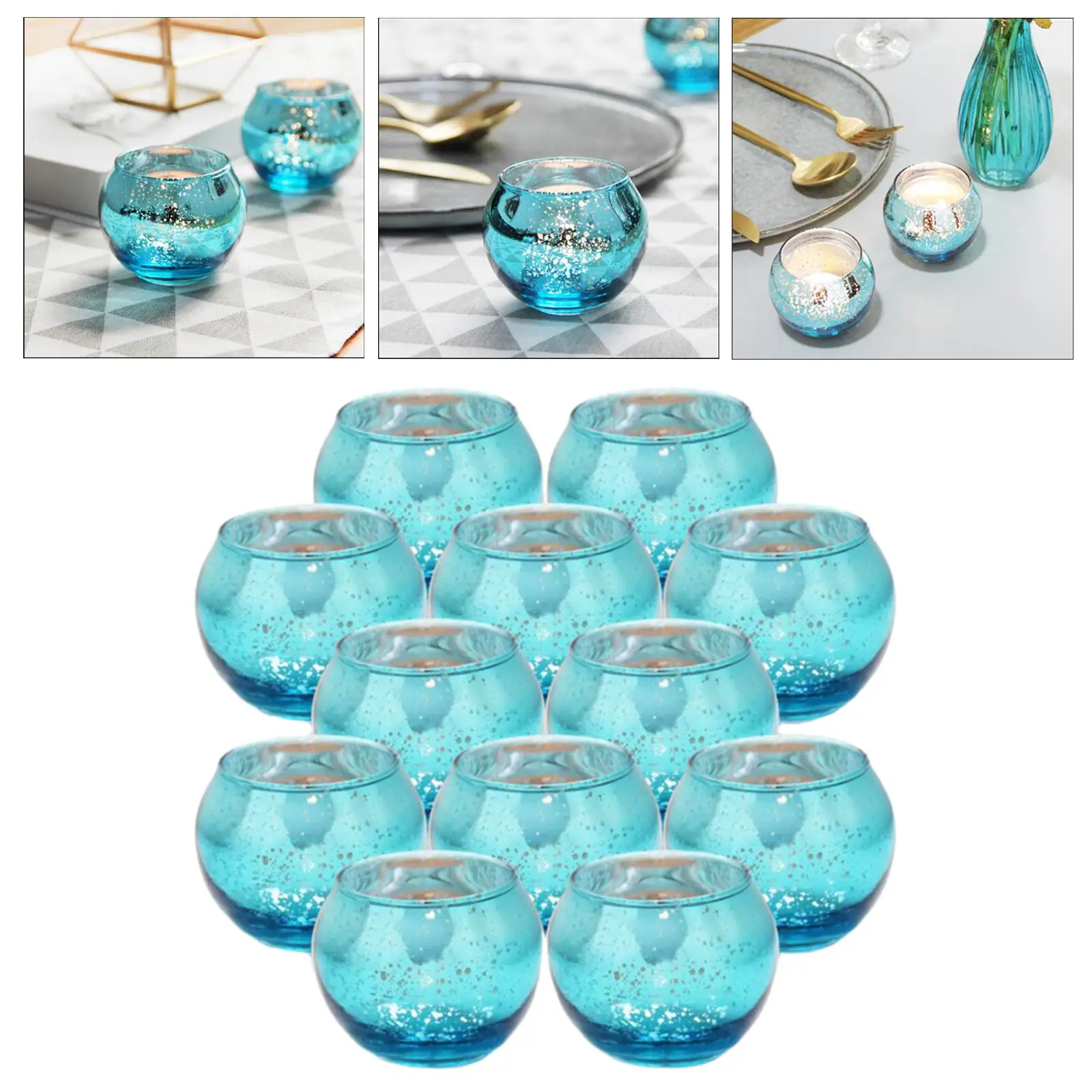 12Pcs Round Mercury Glass Votive Candle Holders for Wedding Centerpieces, Valentines Dinner, Garden Tub and Any Theme Events