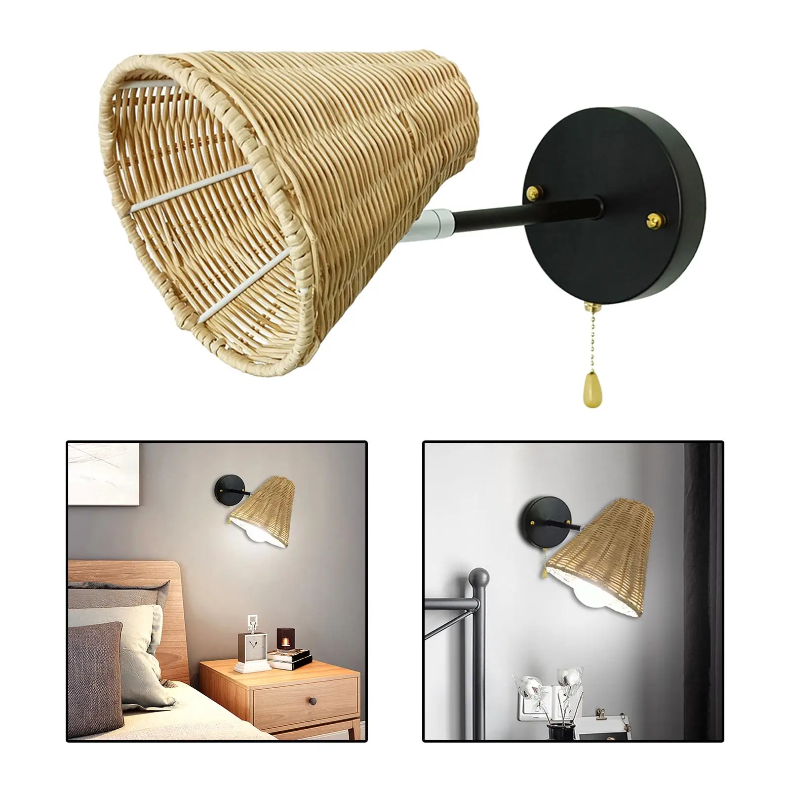 Retro Rattan Wall Lamp Light Sconce Adjustable with Pull Cord Switch E27 Lighting Fixture for Hallway Bedside Bathroom Bedroom