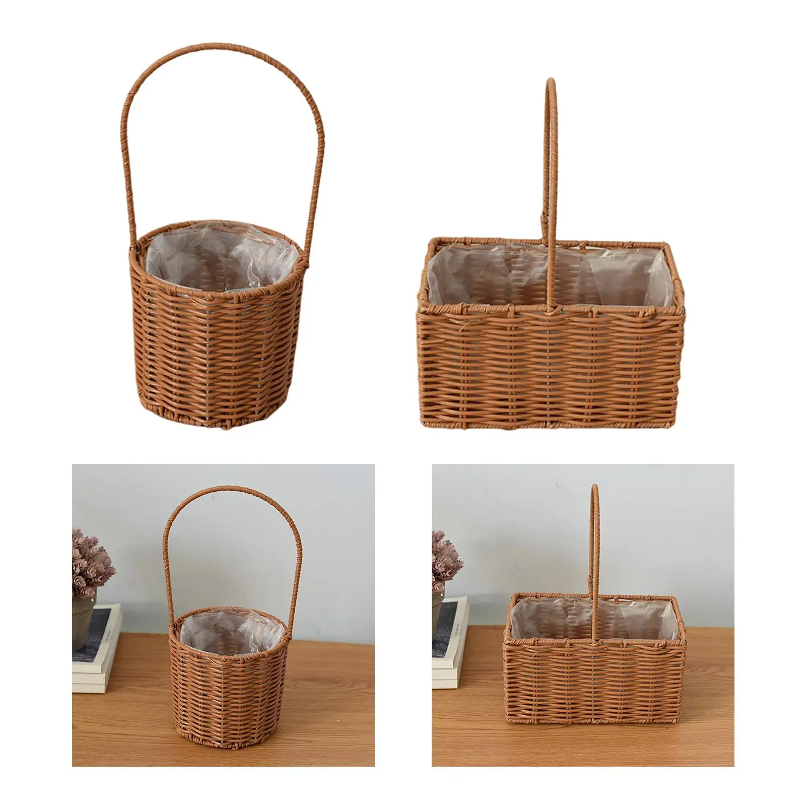 Rattan Flower Basket Vegetables Fruits Holder with Handle Handmade Wicker Basket for Living Room Home Decor