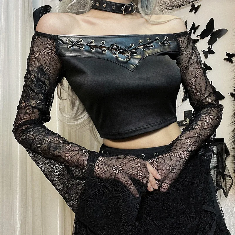 Ruibbit One Shoulder T-shirts Goth Y2K Grung Street Lace Flare Sleeve Leather Lace-up Crop Top Sexy Backless Luxury Party PU Tee