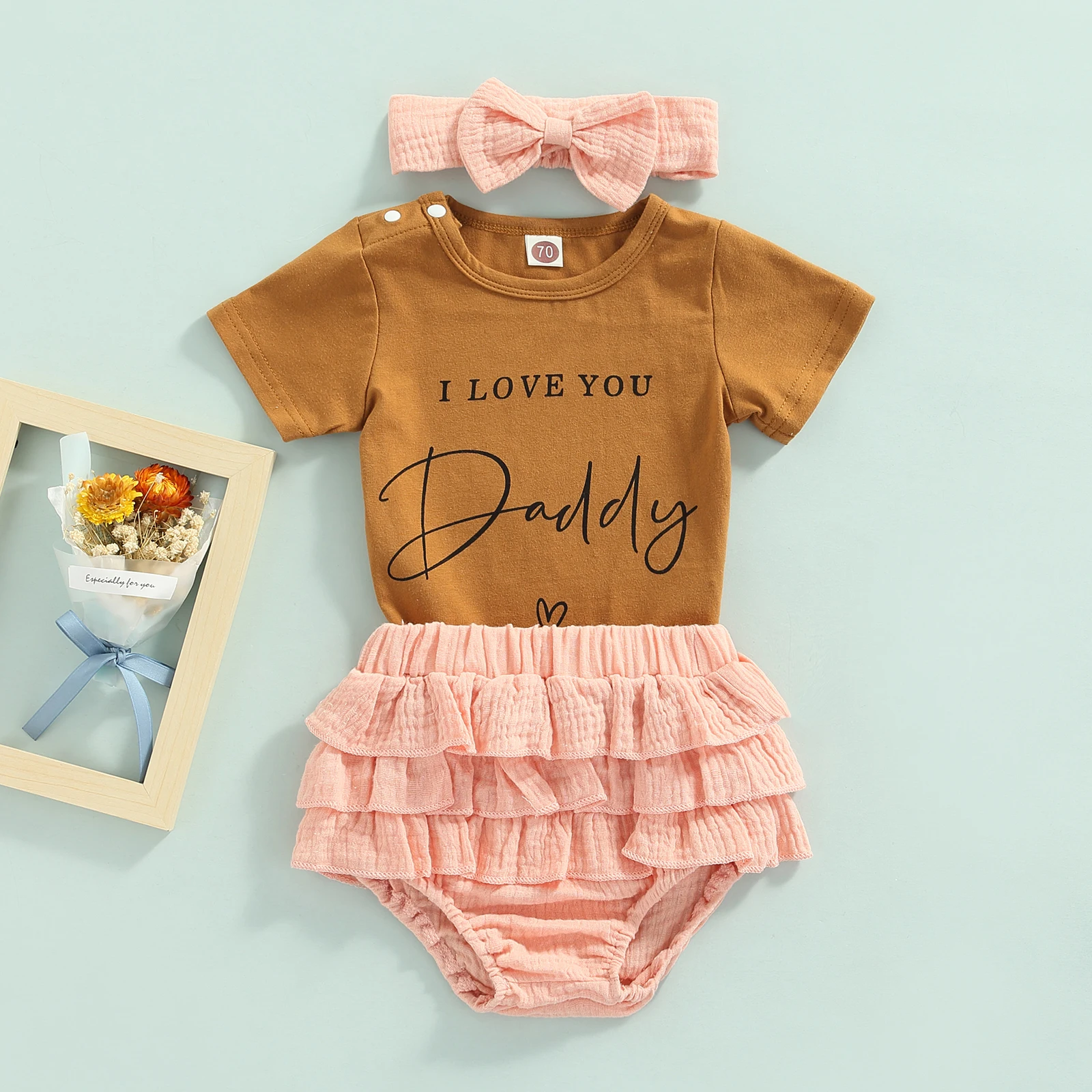 2022 0-18M Baby Girl Clothing I LOVE YOU DADDY Letter Print Short Sleeve T-shirt+Layered Ruffle Shorts Skirt+Bow Headband 3pcs baby's complete set of clothing