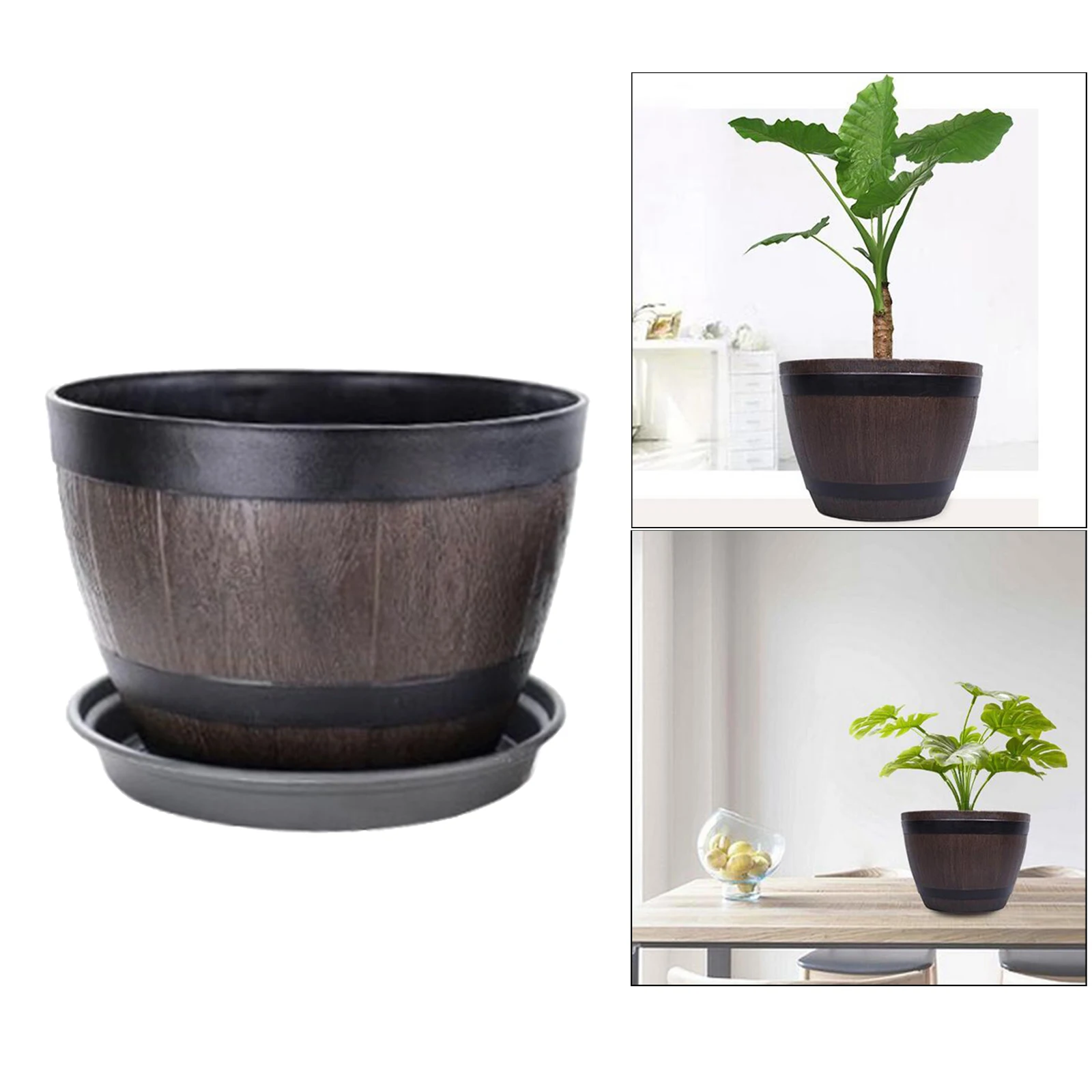 Retro Resin Barrel Flower Pot with Tray 12inch Indoor Garden Planter