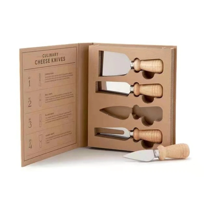 Description Picture 2 of item4pcs/6pcs Oak Cheese Knife Set Cheese Knife and Butter Knife Kraft Paper Box Packaging Cheese Tools Suit