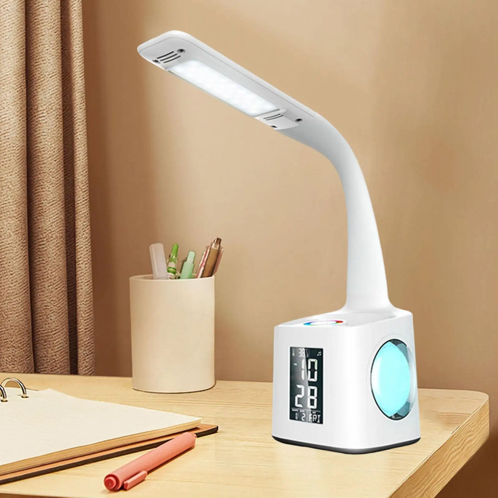 Table Lamp Pen Holder 3 Level Dimmer Calendar Alarm Temperature Decorative Display Time Date Atmosphere Light for Office Home