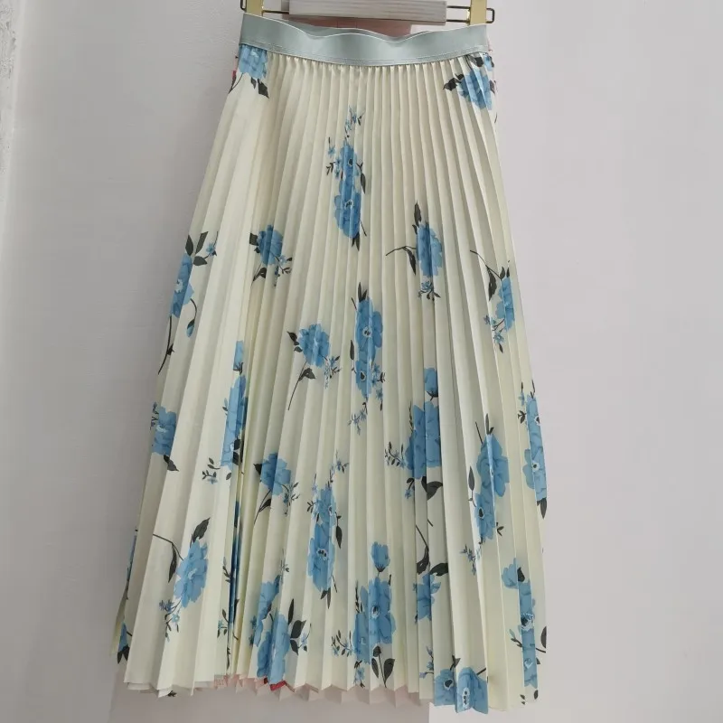 Tinomiswa Korean Spring New Skirt Women High Waist Floral Printed Pleated Jupe Femme Casual All-match Slim Mid Calf Faldas Mujer blue skirt