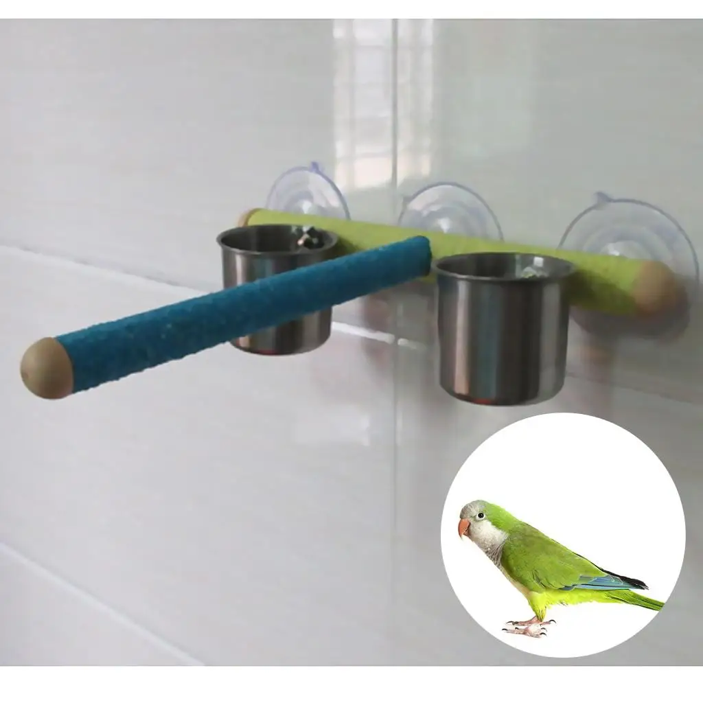 Parrots Shower Perch Bird Paw Grinding Stand with 2 Feeding Cup