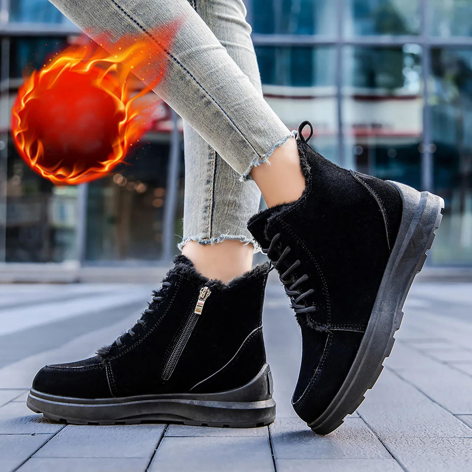 Женские замшевые ботинки на плоской подошве, зимние теплые ботинки натолстой подошве с плюшевой подкладкой, Осень-зима 2023
