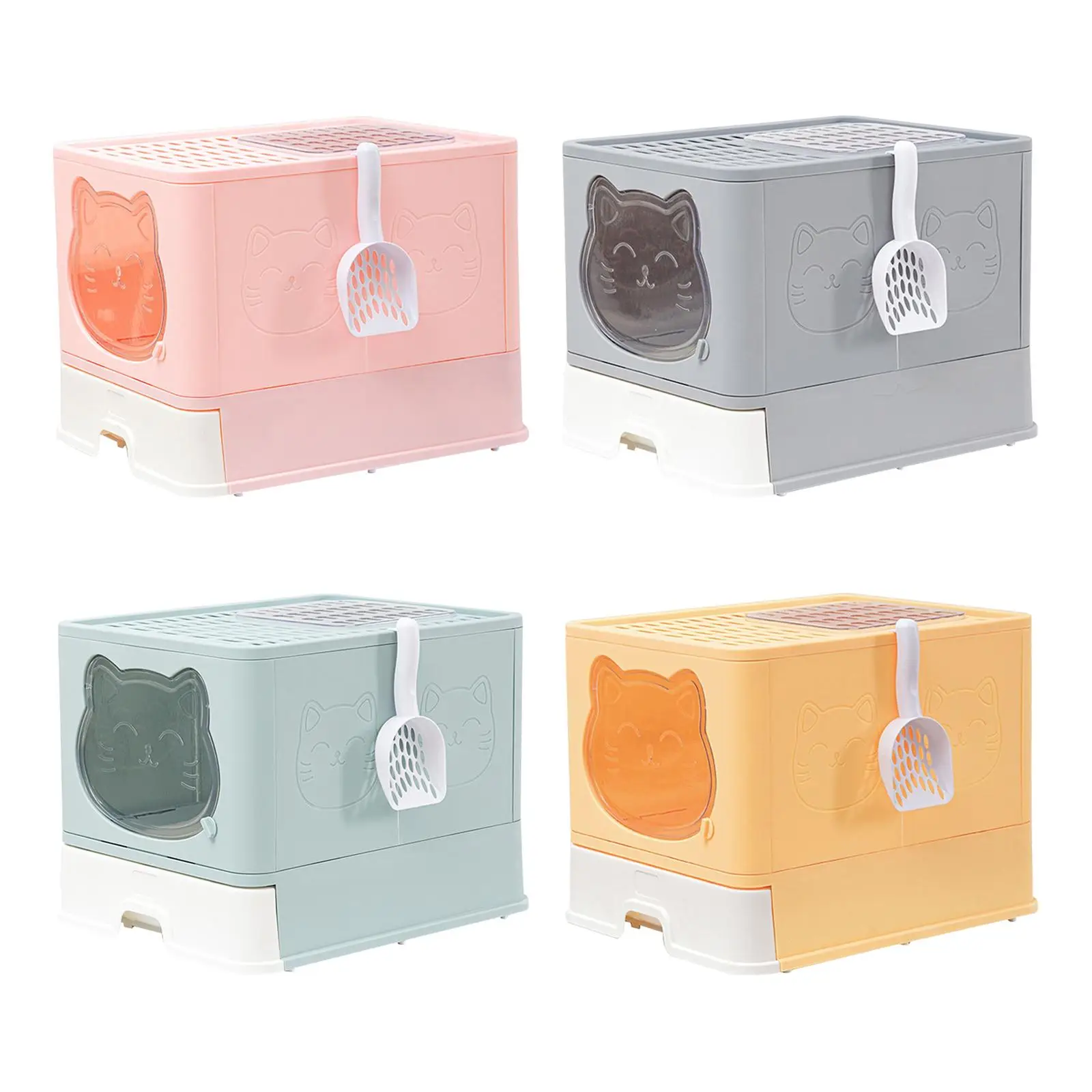 Cat Litter Box Kitten Toilet Foldable Fully Enclosed Front Door and Top Exit Hollow Holes AT The Top with Scoop Kitty Litter Pan
