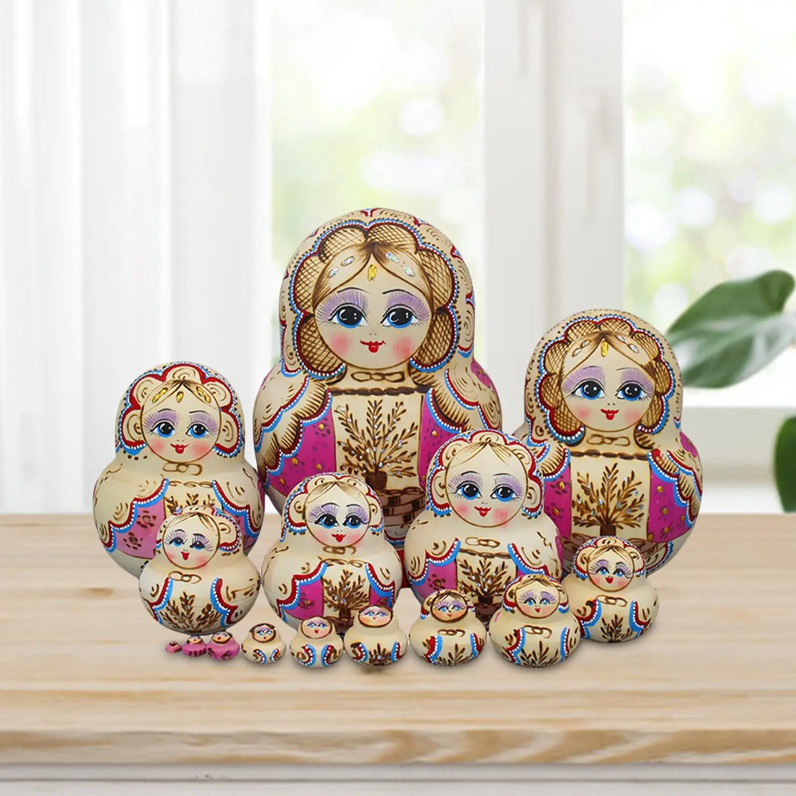 15Pcs Handmade Nesting Doll Stacking Ornament Figures Collectible Crafts Wooden Matryoshka Dolls for Home