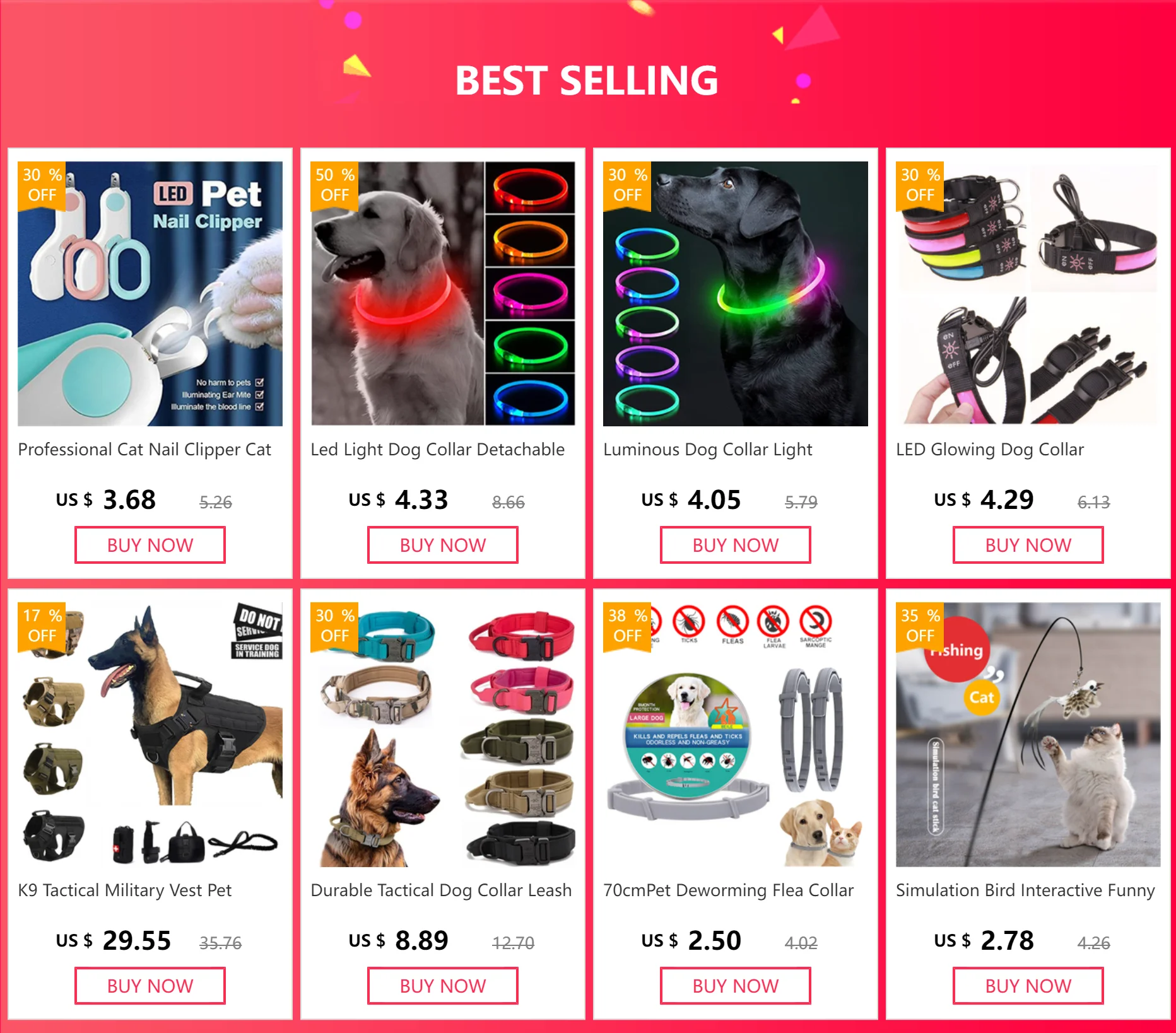 Una colección de accesorios y juguetes para mascotas, presentada como una sección de superventas de un catálogo de productos o una tienda online. Hay varios artículos para perros y gatos, entre ellos:

1. Cortaúñas LED para mascotas: un cortaúñas con luces LED para una mejor visibilidad.
2